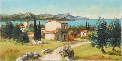 an image of a painting of a house by the water