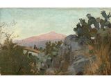 a painting of a desert scene with cactus trees and mountains in the background