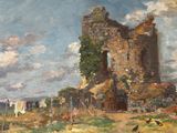 une peinture à l'huile représentant un bâtiment en ruines avec du linge étendu pour sécher