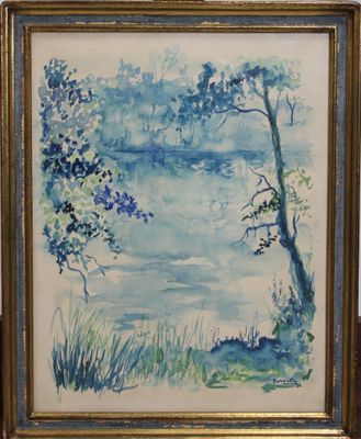 une image représentant un tableau représentant un lac et des arbres, dans un cadre doré