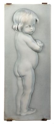 an image of a white plaster of a baby standing on its hind legs