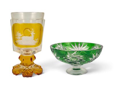 a glass bowl and a glass goblet sitting next to each other