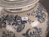 a blue and white vase with a lid sitting on a table