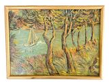 painting of a sailboat on a river surrounded by trees
