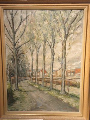 a painting of a country road with trees in the foreground