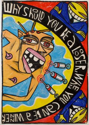 painting of a man with a toothbrush in his mouth and a sign that says, why should you be