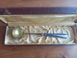 une cuillère en or et une cuillère en argent dans un écrin posé sur une table