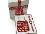 a white box with a red and white christmas sweater and a watch in it