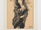 a black and white drawing of a woman in a fur coat