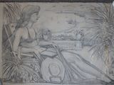 a drawing of a woman in a bikini sitting on a motorcycle