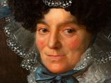 painting of a woman wearing a blue and white dress and a blue hat