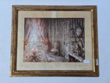 framed picture of a painting of a room with a fireplace and curtains