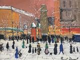 un tableau représentant des personnes marchant dans la neige dans la rue