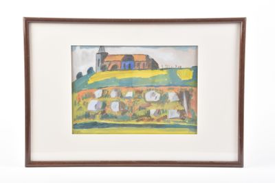 framed painting of a farm scene with a barn in the background
