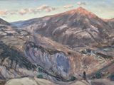 tableau représentant un paysage de montagne, avec une personne debout au premier plan et une montagne en arrière-plan