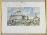 une photo d'une aquarelle représentant une yourte