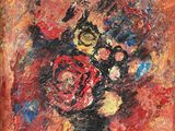 une peinture à l'huile représentant un vase contenant des fleurs sur un fond rouge