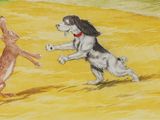 painting of a dog chasing a rabbit in a field