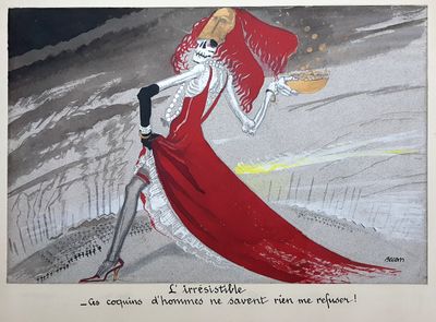 a painting of a woman in a red dress with a sword