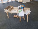 a table with a bunch of items on it in a room