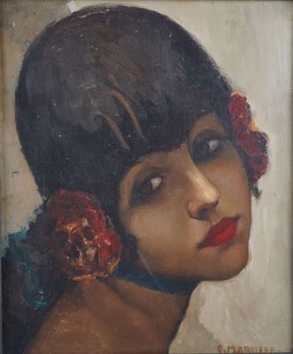 an oil painting of a woman with flowers in her hair