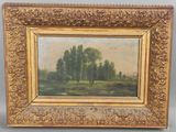 un tableau représentant un paysage avec des arbres dans un cadre doré