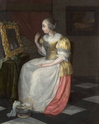 tableau représentant une femme assise devant un miroir, un pinceau à la main