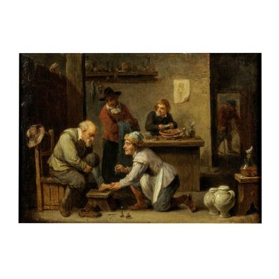 une image représentant un tableau où l'on voit un groupe de personnes dans une cuisine