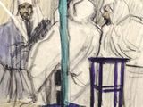 drawing of a group of people standing in front of a blue pole