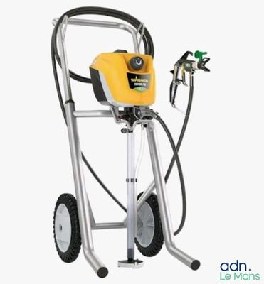 a close up of a yellow and black sprayer on a white background