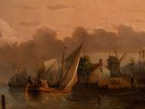 a painting of a boat in the water with a windmill in the background
