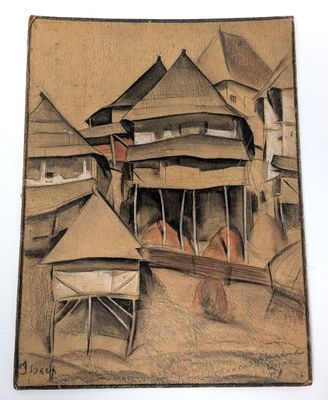 painting of a village scene with a horse pulling a cart