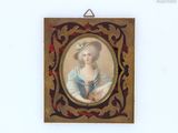 portrait d'une dame en robe bleue et chapeau, dans un cadre doré