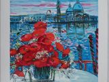 a painting of red flowers in a vase on a table