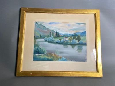 framed watercolor painting of a landscape with a river and mountains