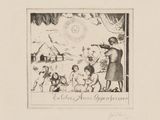 an image of a drawing of a man with a sword and a group of children