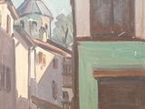 a painting of a building with a clock tower in the background