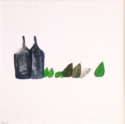 une image représentant un dessin d'une bouteille et de quelques feuilles vertes