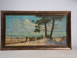 tableau représentant une scène de plage avec un arbre et une clôture au premier plan