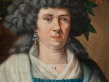 a painting of a woman wearing a blue dress and a white shawl