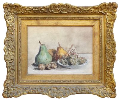 an image of a painting of a plate of fruit on a table
