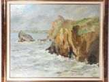 an oil painting of a rocky coast with waves crashing in front of it