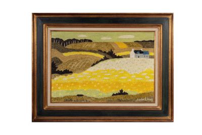 un tableau représentant une scène de campagne avec des fleurs jaunes et une grange bleue