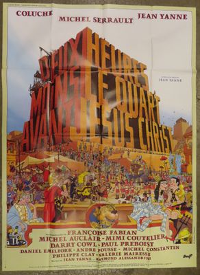 an old movie poster of a building with a crowd of people around it