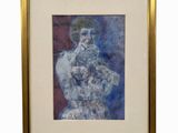 tableau représentant une femme en robe bleue, dans un cadre doré