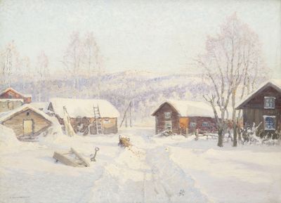 tableau représentant un village enneigé, avec un traîneau tiré par un cheval au premier plan