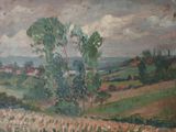 painting of a landscape with trees and a river in the foreground