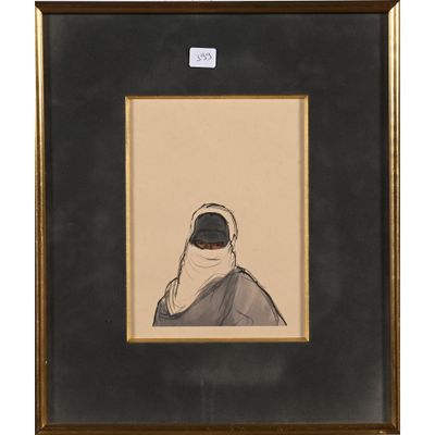 un tableau représentant une femme portant un foulard, dans un cadre noir