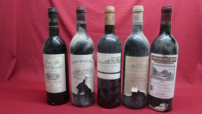 six bottles of red wine are lined up on a red background