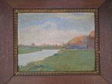 une peinture à l'huile représentant un paysage avec une rivière au premier plan
